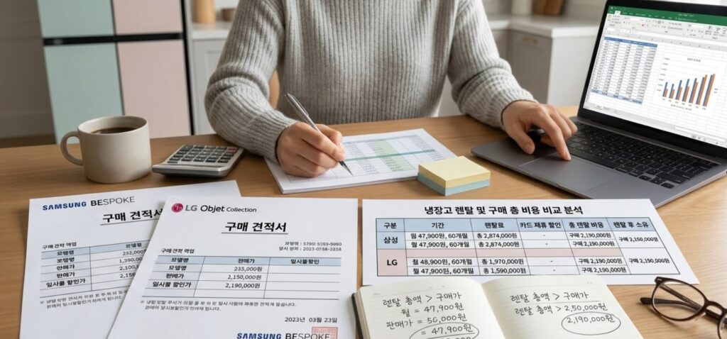일시불 구매와 4도어 냉장고 렌탈 초기 비용 및 A/S 보증 기간 객관적인 비교 견적 분석