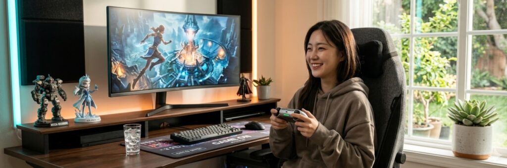 쾌적한 게임룸에서 만족스러운 표정으로 하이엔드 게임패드를 쥐고 게임을 즐기는 유저의 일상 모습