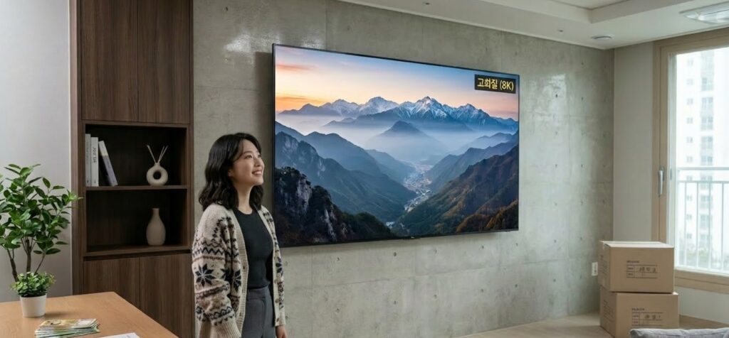 거실 인테리어의 중심이 되는 압도적인 크기의 85인치 대형 TV 렌탈 설치 예시