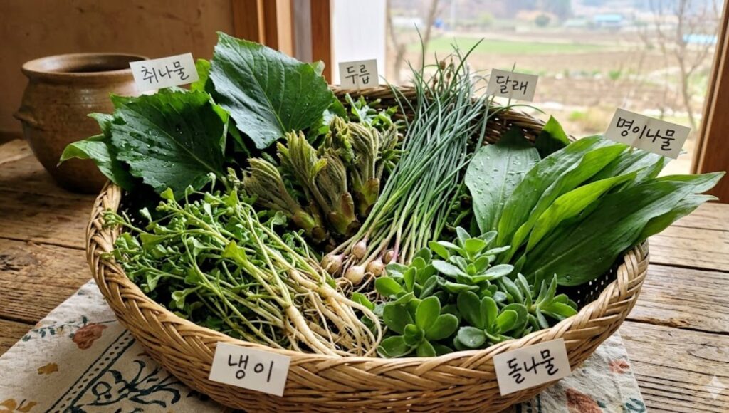 4월 제철 봄나물 종류 다양하게 바구니에 담긴 싱그러운 모습
