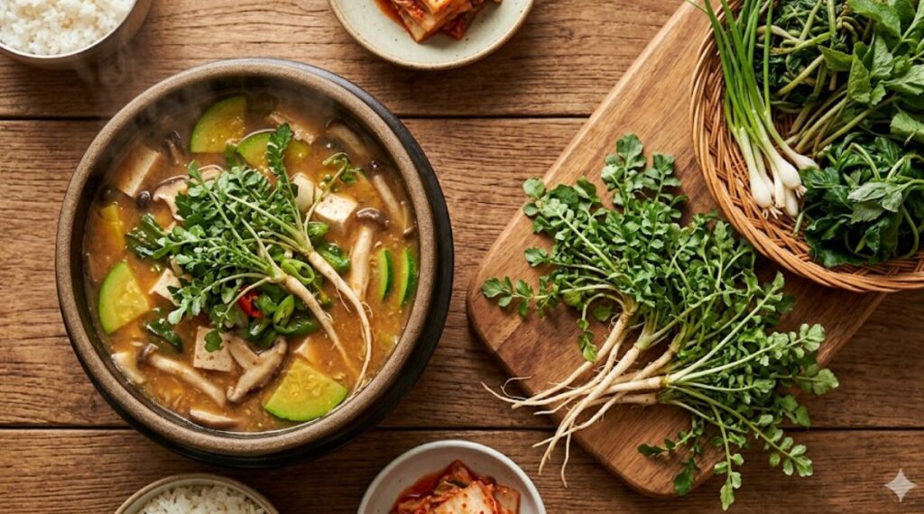 4월 제철 봄나물 종류 뿌리까지 깨끗하게 손질된 냉이와 구수한 된장찌개