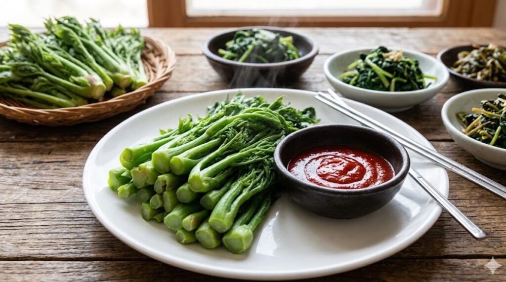 4월 제철 봄나물 종류 끓는 물에 살짝 데쳐 초고추장과 곁들인 두릅