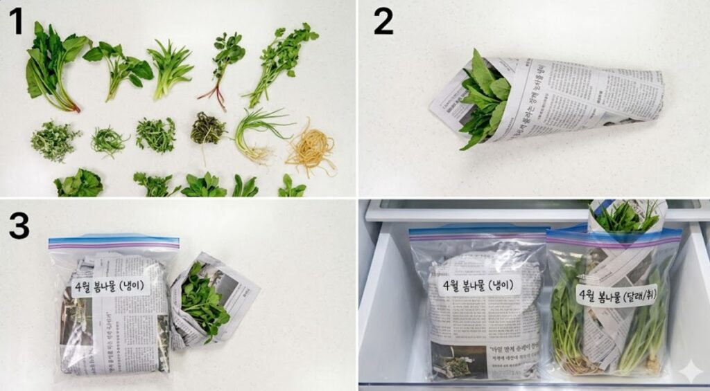 4월 제철 봄나물 종류 신문지에 꼼꼼하게 싸서 지퍼백에 보관하는 노하우