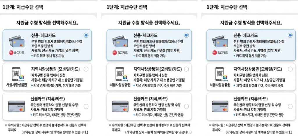 고유가 피해지원금 신용카드 체크카드 지역사랑상품권 선택 화면
