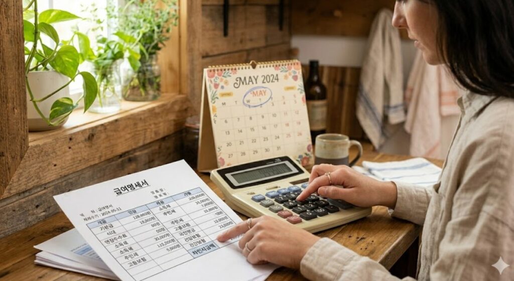 5월 근로장려금 신청 소득 기준을 계산기로 확인하는 모습