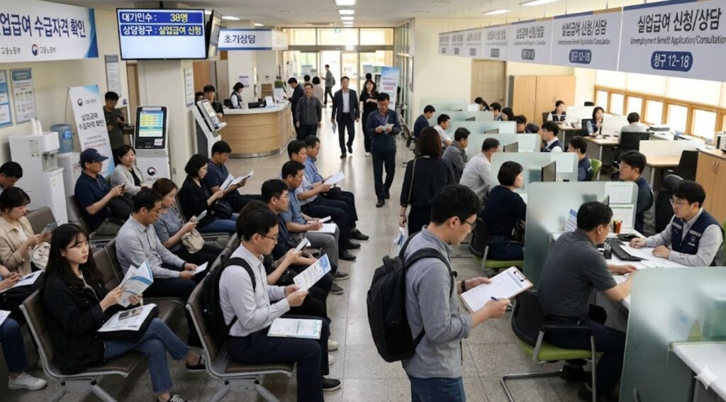 실업급여 신청 조건 확인을 위해 고용센터를 방문한 사람들의 모습