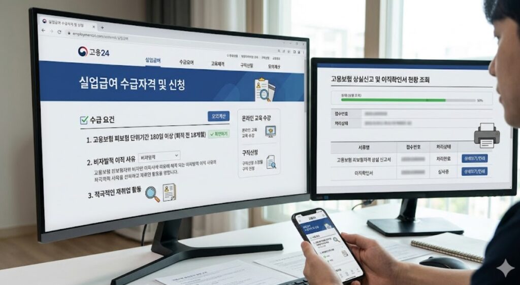 실업급여 신청 조건과 고용보험 상실신고 서류를 인터넷으로 확인하는 화면