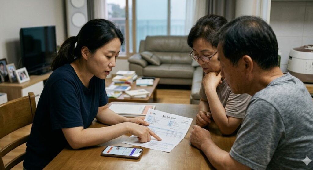 알뜰폰 요금제 변경 부모님 핸드폰 요금 고지서 확인하는 모습