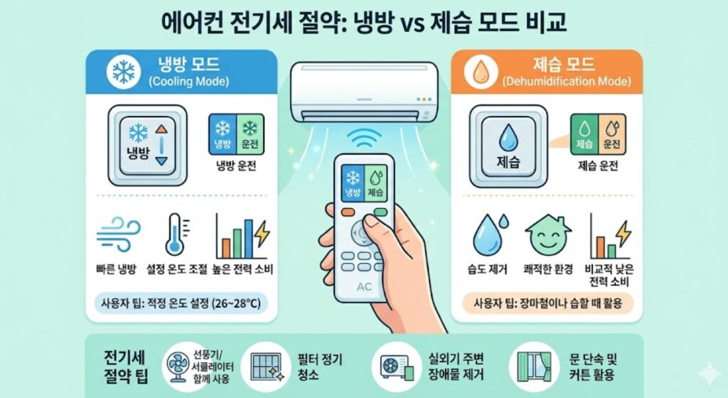 에어컨 전기세 절약 냉방과 제습 모드 리모컨 버튼 비교