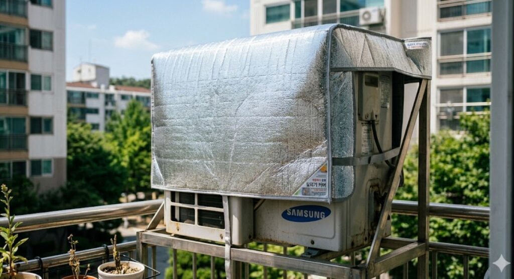 에어컨 전기세 절약 직사광선을 막아주는 은박 실외기 커버 설치 모습