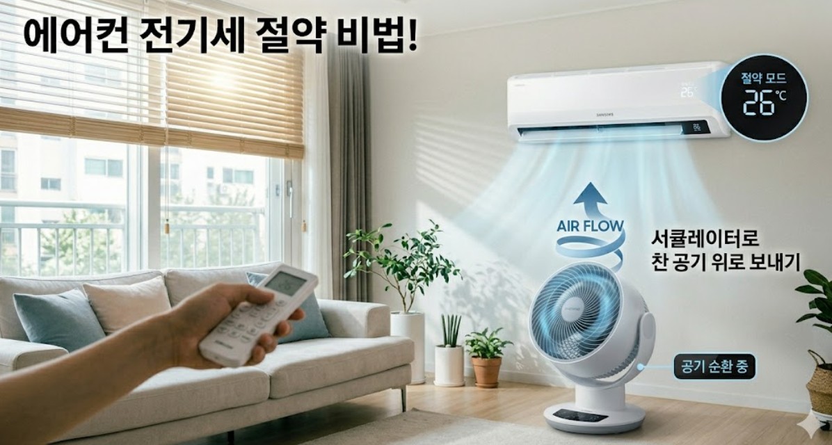 에어컨 전기세 절약 에어컨 아래에 서큘레이터를 위로 향하게 틀어둔 모습