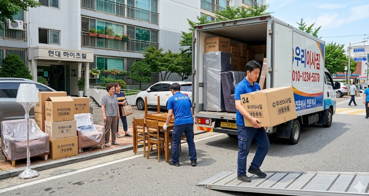 이사짐 센터에서 나와 이사를 하고 있는 모습