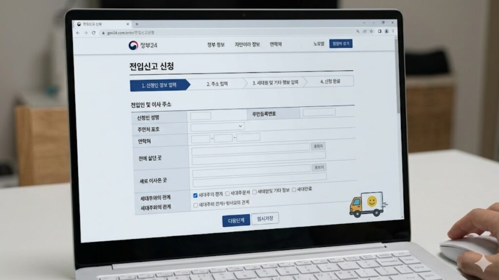 세부 주소와 사유를 입력하는 전입신고 인터넷 신청 절차