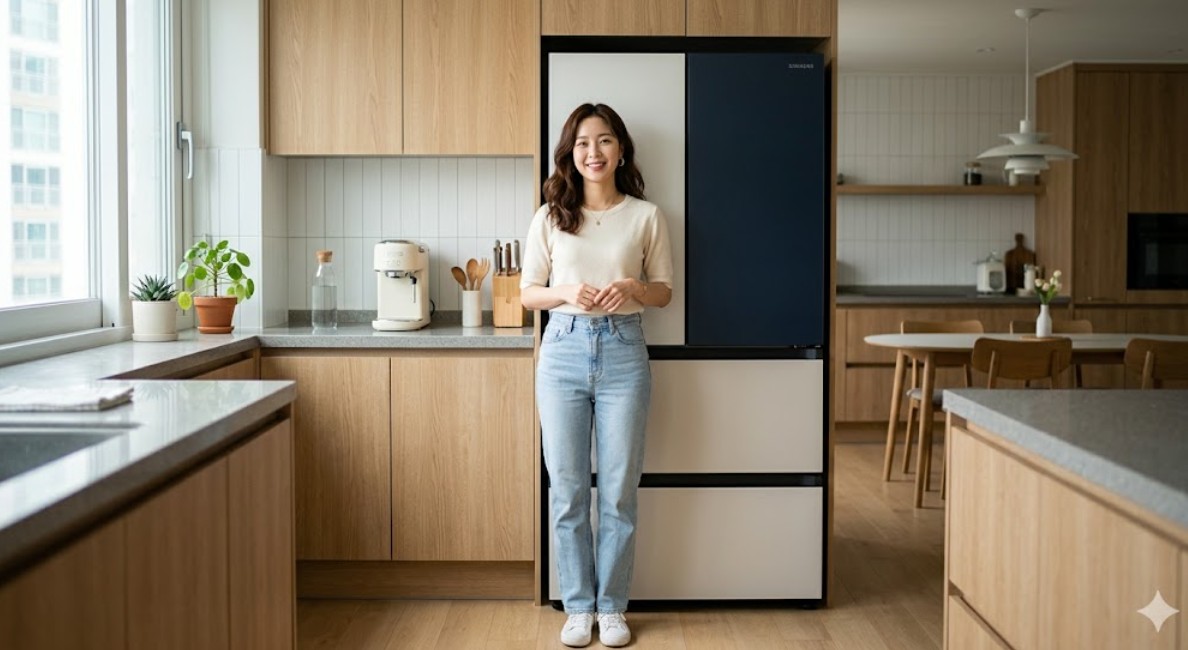 비스포크 삼성 냉장고가 설치된 주방.