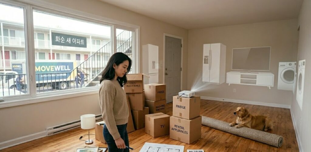 화순 가전제품 렌탈 쌍혀있는 짐을 바라보는 고객