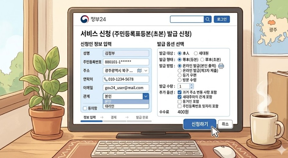 컴퓨터를 활용하여 주민등록등본 인터넷 발급 세부 옵션을 설정하는 순서
