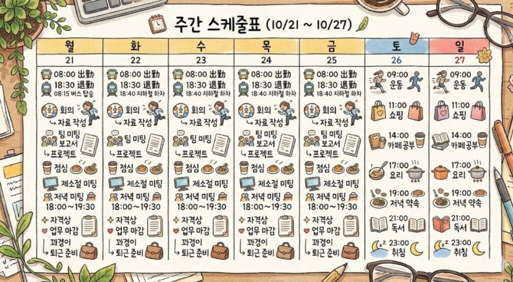 평균 근무 시간을 계산하기 위한 퇴직금 지급기준 주 15시간 스케줄표